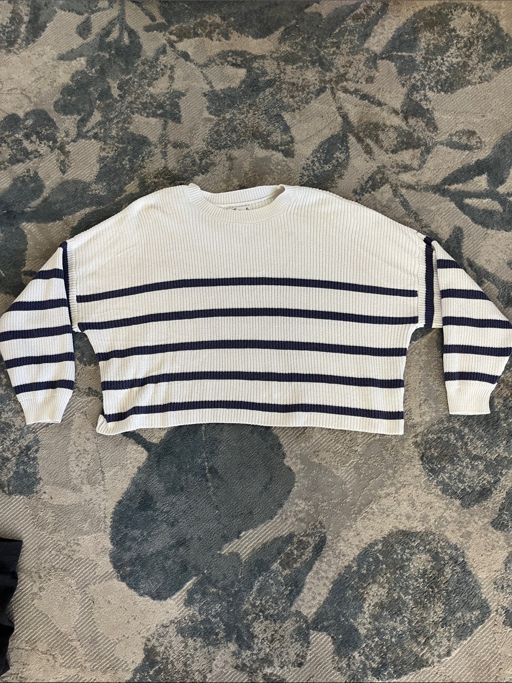 Hollister White Crewneck Sweater with Navy Stripes